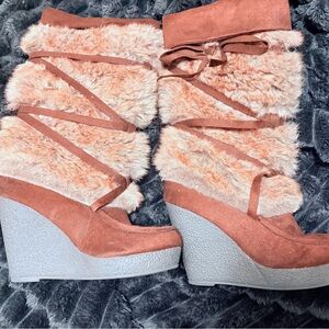 Decree Rust Tan Faux Fur Wedge Ankle Boots
